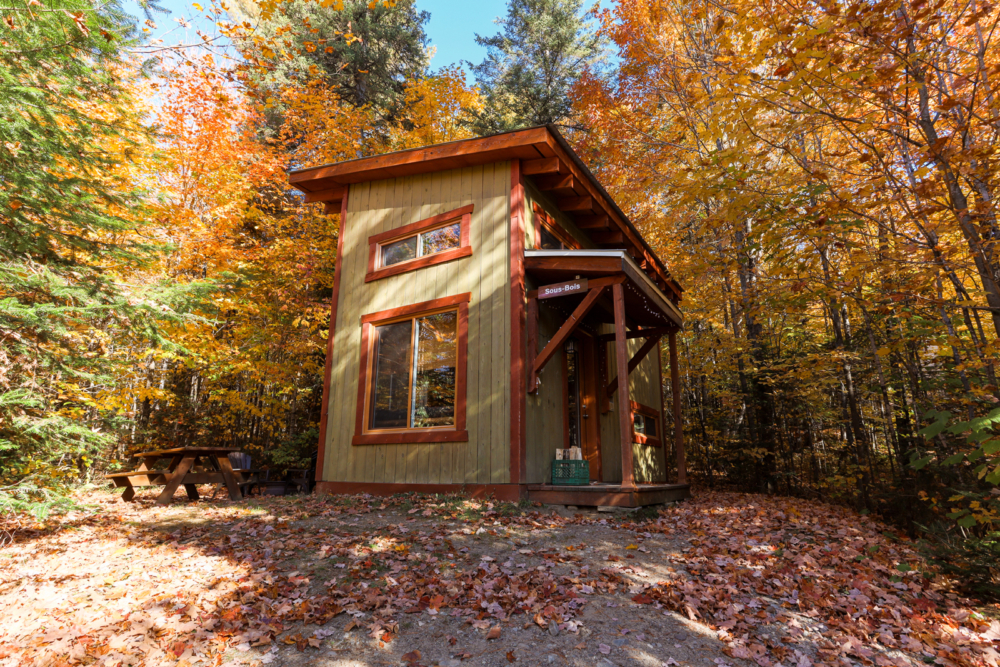 Petit chalet en bois entouré d’arbres aux couleurs automnales, avec table de pique-nique, chez Chalets Lanaudière.