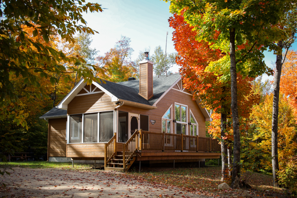Chalet de location entouré d’arbres aux couleurs automnales, avec terrasse en bois et grandes fenêtres.
