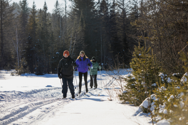 Groupe de personnes en randonnée hivernale sur un sentier enneigé près des chalets de Chalets Lanaudière.