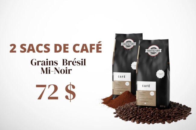 Deux sacs de café en grains Brésil mi-noir, offerts au prix de 72 $, avec des grains de café en arrière-plan.