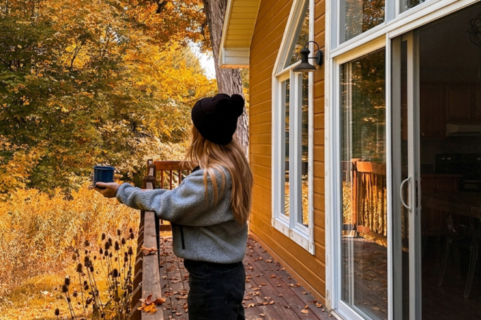 Personne profitant de la vue automnale depuis la terrasse d’un chalet de Chalets Lanaudière, tasse à la main.