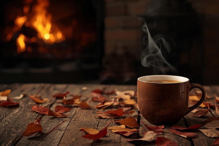 Tasse de boisson chaude fumante sur une table en bois couverte de feuilles d’automne, devant un foyer allumé dans un chalet.