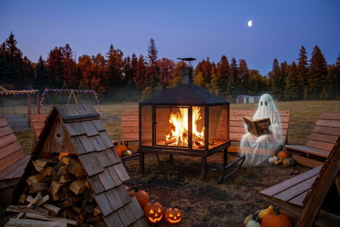 Aire de feu de camp d’un camping de Chalets Lanaudière, décorée pour l’Halloween avec citrouilles, bois de chauffage et fantôme lecteur.