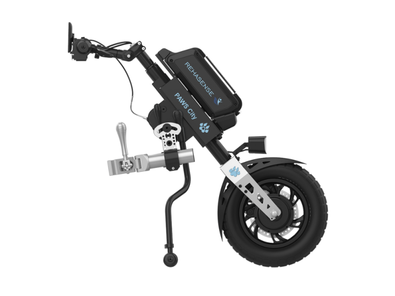 Dispositif motorisé à roue unique pour fauteuil roulant, présenté de profil sur fond blanc.