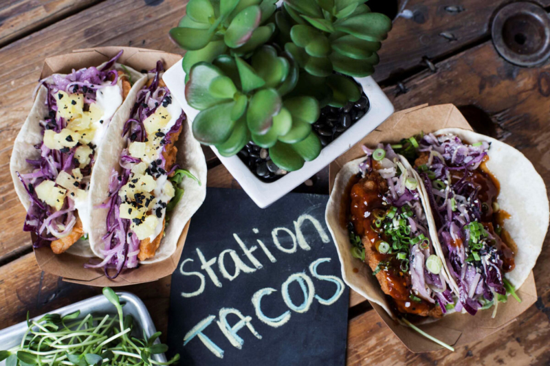 Tacos colorés garnis de chou violet et de légumes, servis sur une table rustique avec une plante succulente.