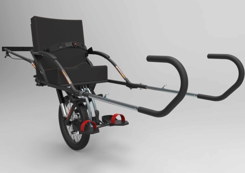 Poussette tout-terrain adaptée aux activités de plein air, avec siège noir, grande roue avant et poignées ergonomiques.