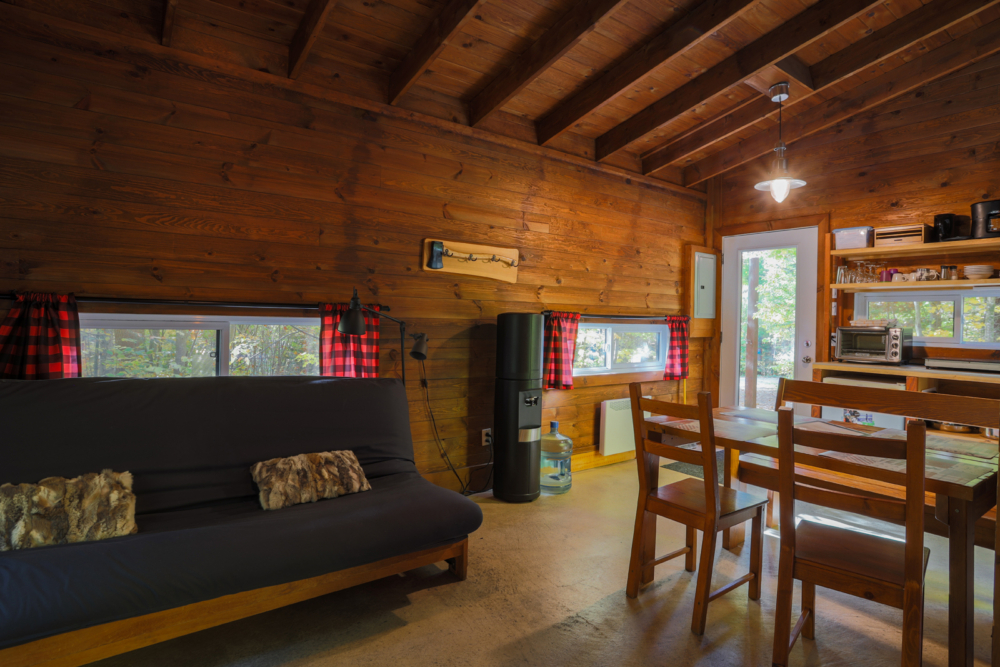 Intérieur chaleureux d’une cabane avec canapé, coin repas, cuisinette équipée et grandes fenêtres donnant sur la nature.