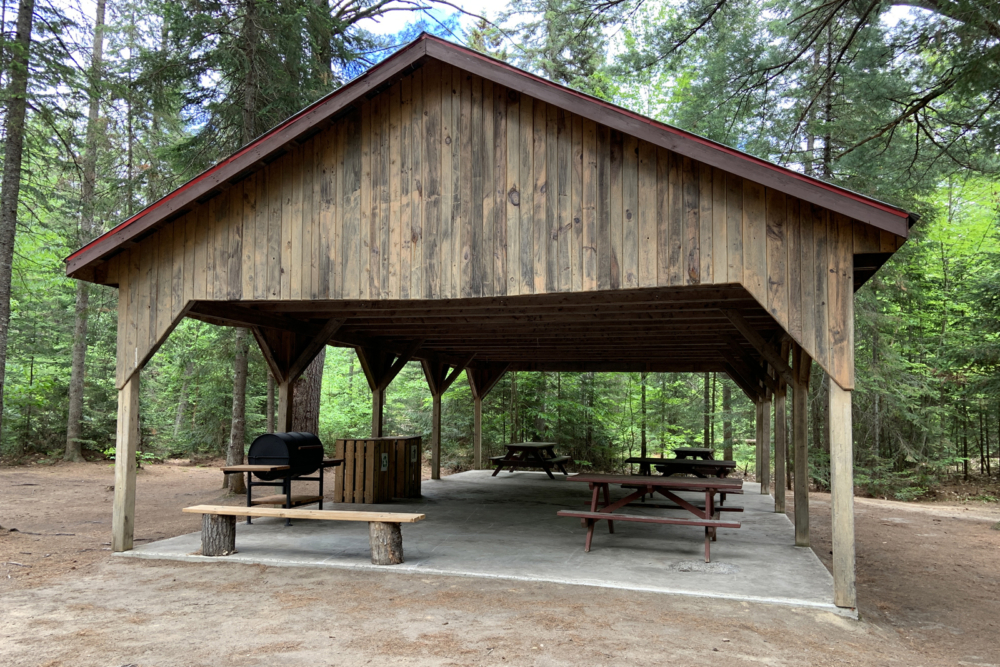 Marquise en bois au cœur de la forêt, avec barbecue et tables de pique-nique pour les campeurs.