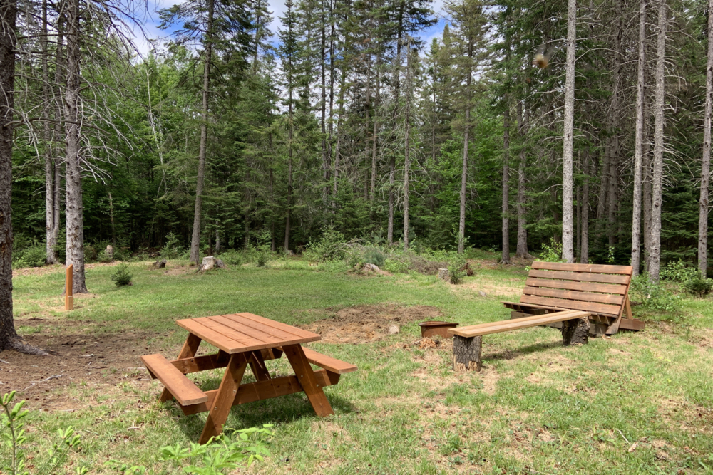 Site de camping avec aire de pique-nique en forêt avec table, bancs et foyer.