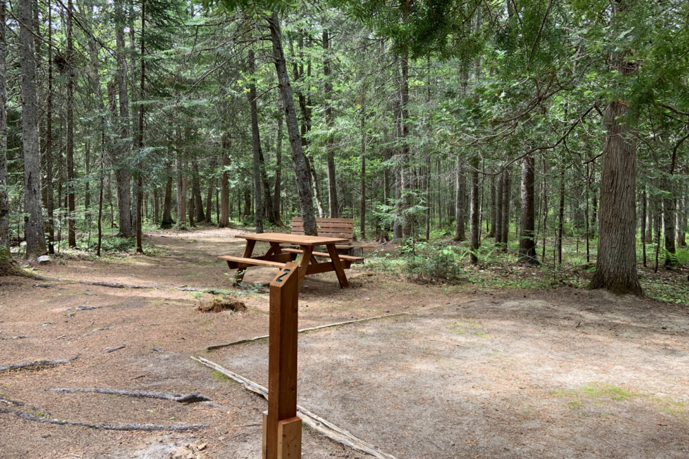 Site de camping avec aire de pique-nique en forêt.