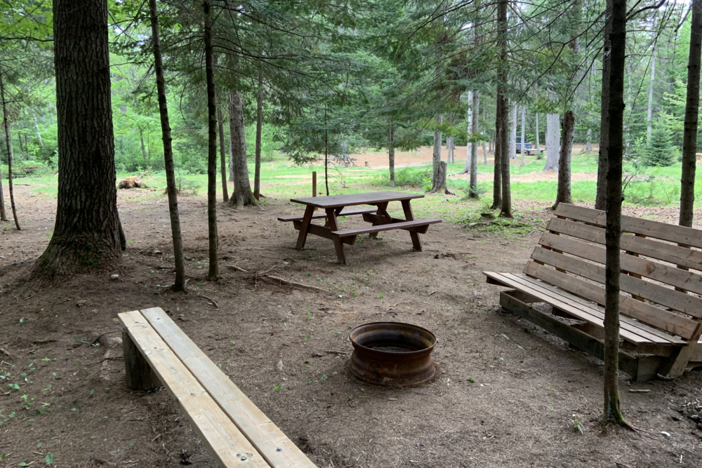 Site de camping avec aire de feu de camp avec tables de pique-nique et bancs en bois.