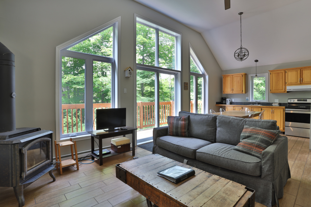 Intérieur chaleureux d’un chalet avec foyer, salon confortable, cuisine et grandes fenêtres donnant sur la forêt.