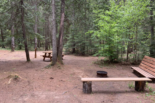 Site de camping en forêt avec table à pique-nique, bancs et foyer.