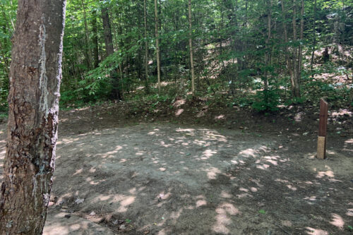 Emplacement de camping ombragé en forêt, entouré d’arbres matures, aménagé d'une table à pique-nique et d'une aire de feu.