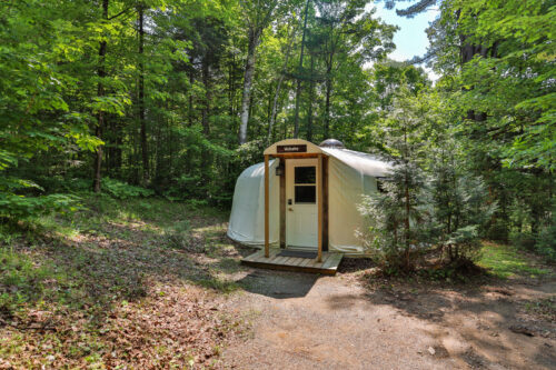 Yourte niché en forêt, entouré d’arbres et accessible par un petit sentier.
